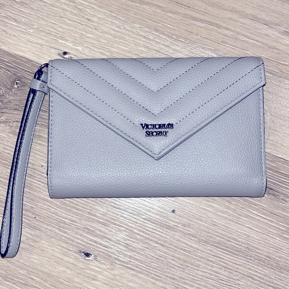 Victoria's Secret Faux Leather Gray Wallet Clutch Wristlet Purse LIKE NEW!